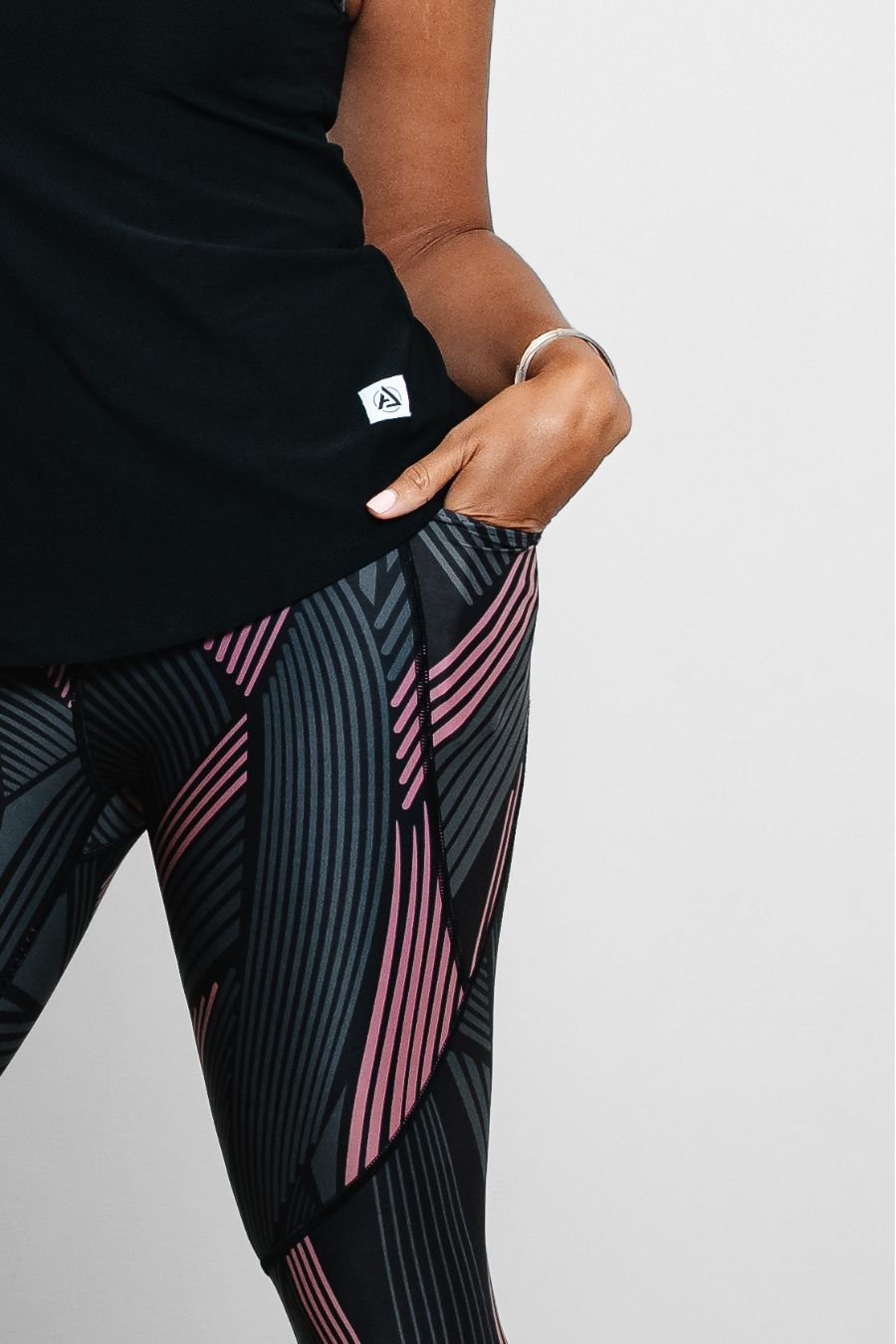 RISE Leggings Pink and Black Stripe Capri