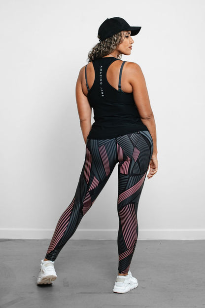 RISE Leggings Black and Pink Stripe